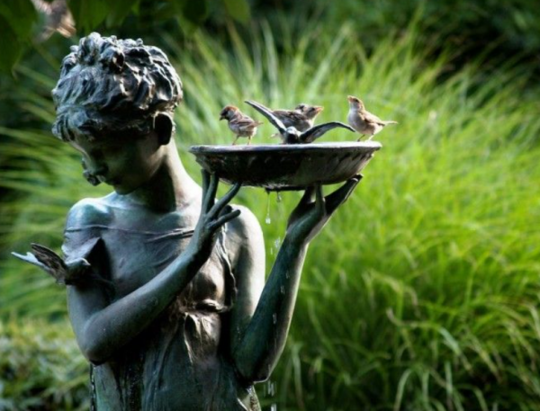 Taman dengan taman air dan patung burung